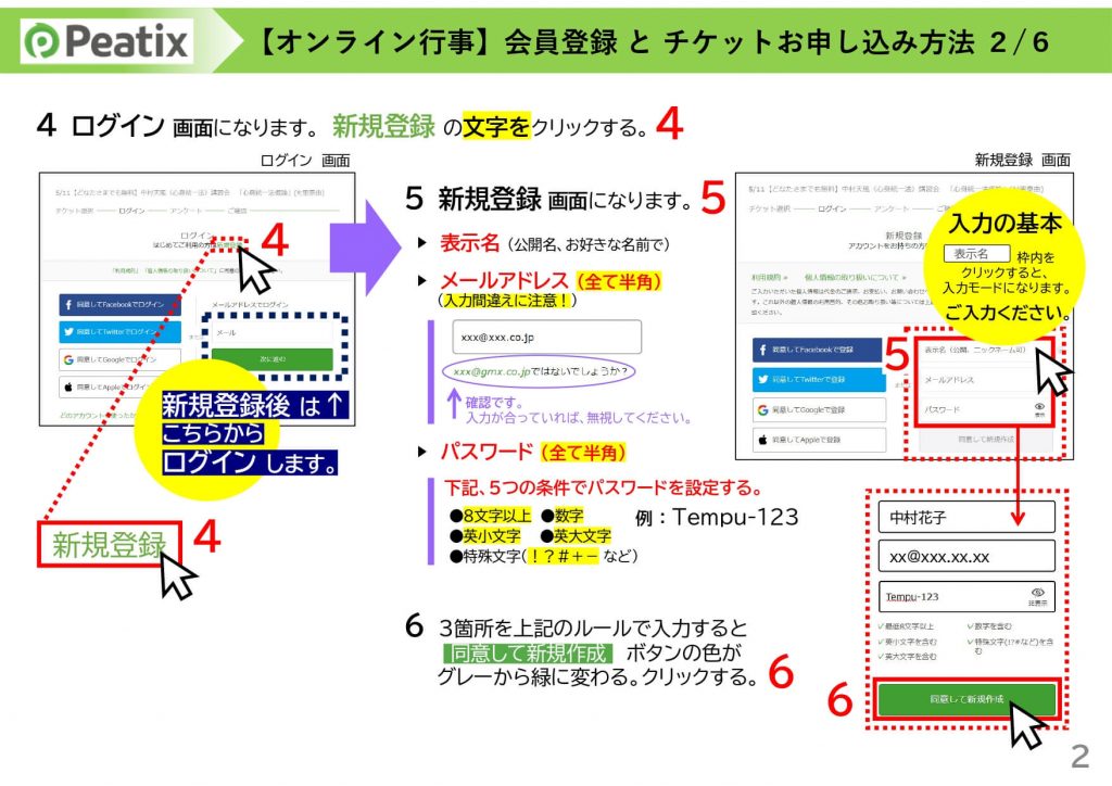 Peatixの会員登録とチケットお申込み方法が書かれた手順書です