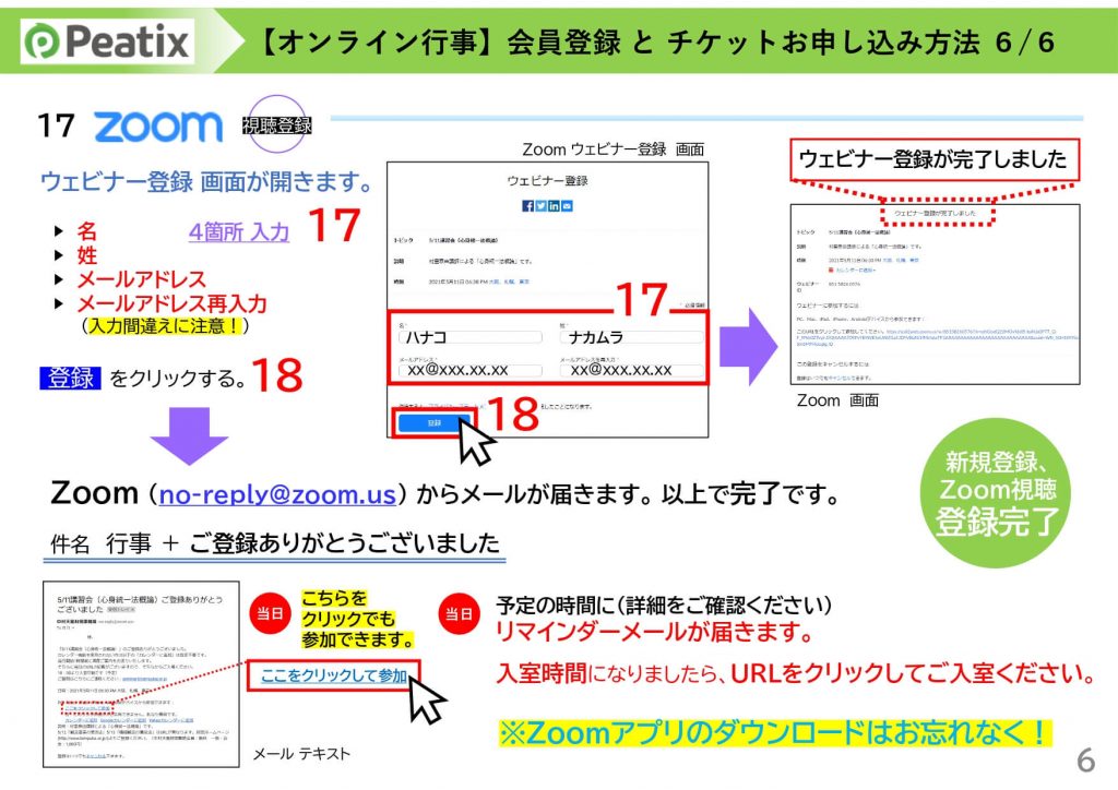 Peatixの会員登録とチケットお申込み方法が書かれた手順書です